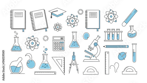 Science and Education Collection: A comprehensive compilation of science-related elements, perfect for educational content, showcasing items such as notebook, science apparatus and calculating tools.