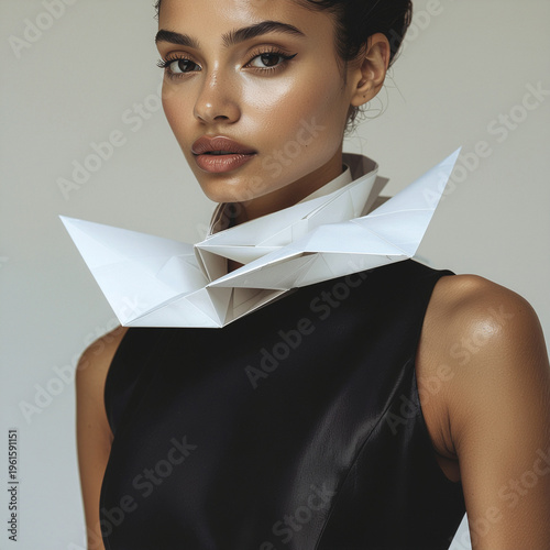 runway‑sculptural perfection — the sharp origami collar, the stark white against the black garment, the clean geometry framing the face; feels like a high‑fashion editorial straight out of a magazine