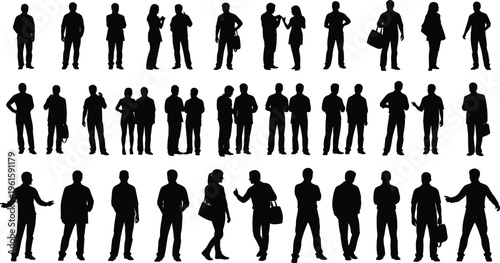 "Silhouette illustration of thirty diverse people in different poses and activities arranged in rows showcasing human posture, gesture, and social interaction"