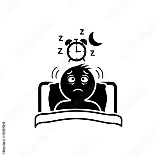 Black and white vector illustration of a person struggling with insomnia and sleeplessness in bed