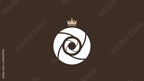 Camera lens crown logo on dark background