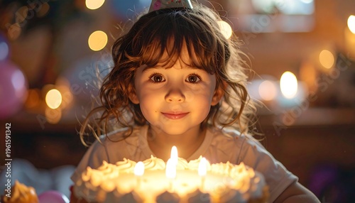 A young child with curly brown hair, wearing a party hat, smiles at a birthday cake with lit candles