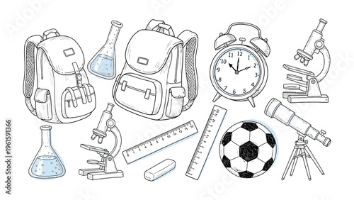 Back to School Essentials: A collection of meticulously detailed illustrations, encompassing a classic backpack, microscope, and other essential objects, ready for the upcoming school year.