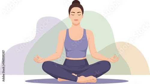 Serene Meditation: A woman, radiating tranquility, meditates peacefully, her pose and closed eyes reflecting an inner calm amidst a serene backdrop.