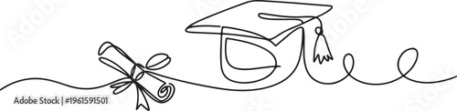 Continuous line art or One Line Drawing of graduation students card concept congratulation card. One line draw graphic design vector