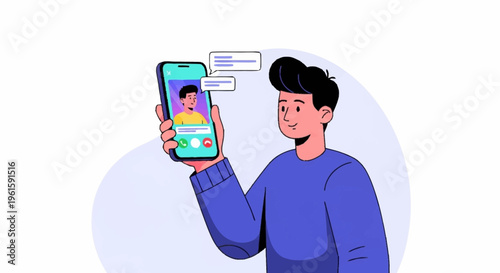 Man holding smartphone making video call to friend.