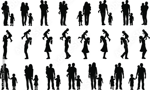 "Silhouette illustration of twenty‑four diverse family interactions including adults and children arranged in rows showcasing posture, gesture, parenting, care, and emotional bonding moments"