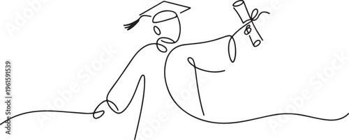 Continuous line art or One Line Drawing of graduation students card concept congratulation card. One line draw graphic design vector