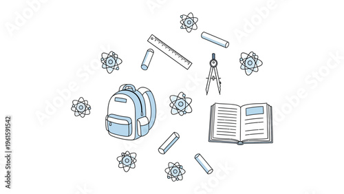 Educational Elements: A collection of essential school supplies and scientific symbols are artfully arranged, sparking curiosity and a thirst for knowledge. 