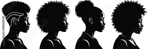 Black Woman Profile Silhouette Vector Set Collection of African American Female Heads with Natural Curly Hair and Afro Hairstyle Icons