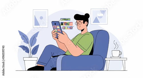 Man sitting in armchair using smartphone for entertainment.