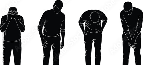 Set of black silhouettes showing a man in depressed poses including head bowed and face in hands for mental health