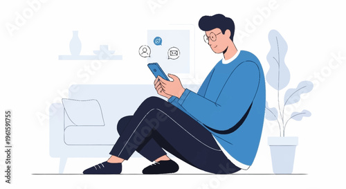 Man sitting on floor using smartphone with social media icons.