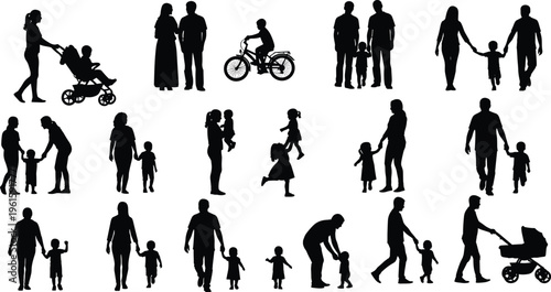 Silhouettes of families and parents with children walking, cycling, playing, and caring together, symbolizing parenting, love, guidance, bonding, and everyday family lifestyle moments.