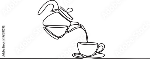 Continuous one line drawing of Coffee or tea pouring into the cup. Single line drawing illustration of pouring Coffee or tea. One line draw graphic design vector