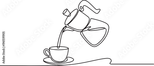 Continuous one line drawing of Coffee or tea pouring into the cup. Single line drawing illustration of pouring Coffee or tea. One line draw graphic design vector