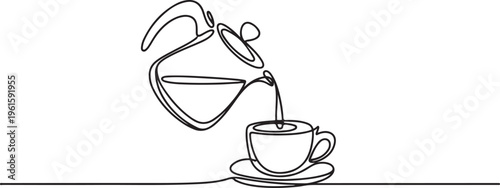 Continuous one line drawing of Coffee or tea pouring into the cup. Single line drawing illustration of pouring Coffee or tea. One line draw graphic design vector
