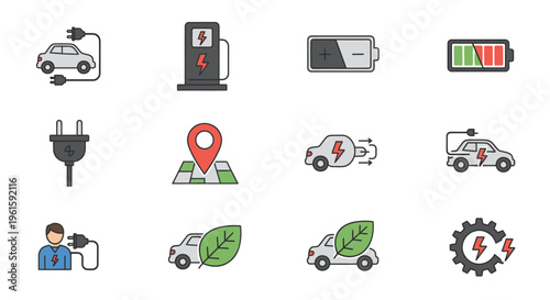Electric Car Icons: Charging, Battery, Location, Eco-Friendly Transport & Energy