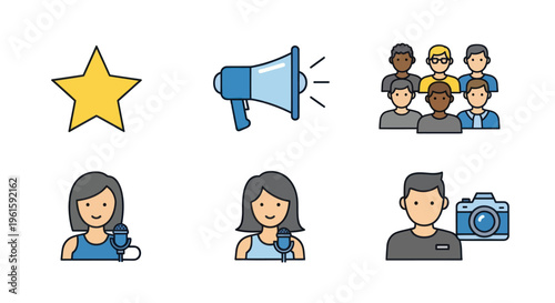 Diverse Group Icons: Star, Megaphone, People, Singer, Camera - Communication, Fame