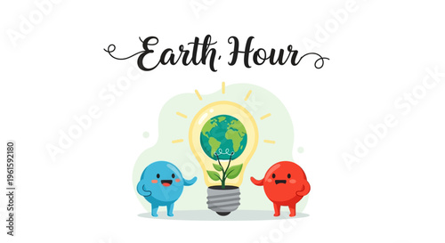 Illustration of Earth Hour campaign with two cartoon characters and a lightbulb with a globe and plant, promoting environmental awareness and sustainability on a white background with a