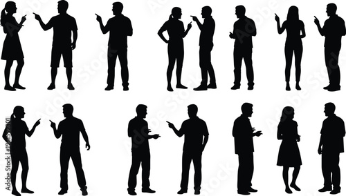 Silhouettes of people engaged in conversations and discussions, pairs facing each other with expressive gestures, isolated black figures on white background for communication and interaction design