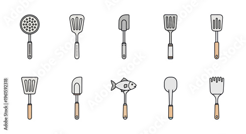 Set of Kitchen Utensils: Spatulas, Slotted Spoons, Fish Turner, Whisk - Flat Vector Icons