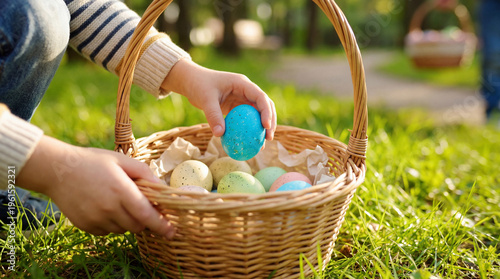 Child's hands carefully placing a vibrant speckled blue Easter egg into a wicker basket filled with pastel eggs.