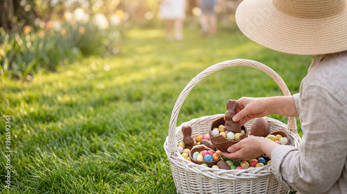 Adult hands placing chocolate Easter bunny and eggs into a white wicker basket on a sunny lawn.
