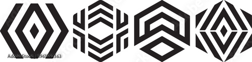 Abstract black hexagon logo icons with geometric line patterns for modern brand identity.
