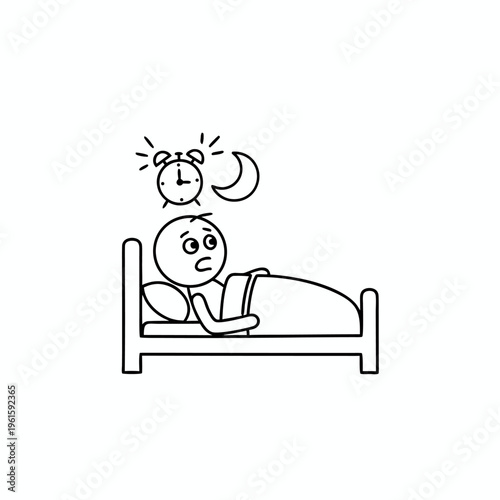 Linear Outline Illustration Of A Stick Figure Man Dealing With Insomnia And Sleeplessness At Night