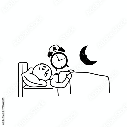 Simple Line Drawing Of A Stick Figure Man Suffering From Insomnia And Sleeplessness In Bed At Night With An Alarm Clock