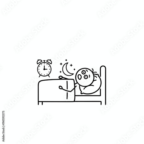Minimalist Line Art Illustration Of A Stick Figure Man Facing Insomnia Lying Awake In Bed At Midnight