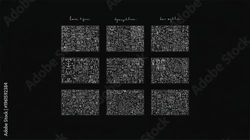 Visual Data Analysis: Exploring a matrix of visual data, with each of the nine squares featuring a unique texture, under the headings of 'Base figure,' 'Amplification,' and 'Desplitter.