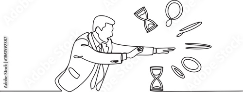 Drawing of Businessman trying to slow down and stop time. Stopping time metaphor. One line draw graphic design vector