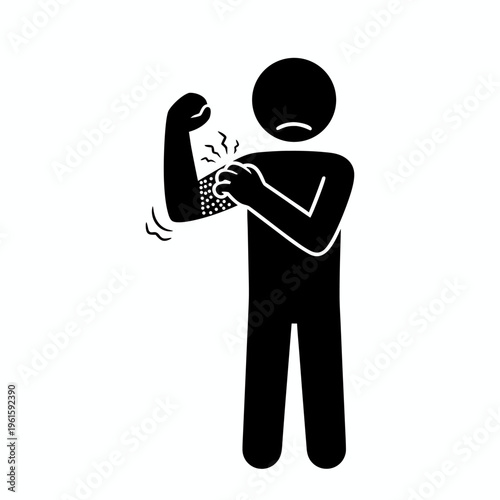 Flat Black Vector Icon Of A Man Scratching An Intense Itchy Skin Rash On His Upper Arm Bicep