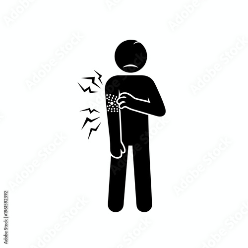 Flat Black Icon Of A Stick Figure Man Scratching An Itchy And Irritated Skin Rash On His Arm
