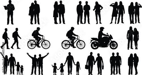 Silhouettes of people walking, standing, cycling, riding motorcycles, reading, and interacting with family, symbolizing lifestyle, transportation, companionship, diversity, and everyday human 