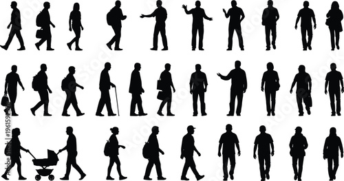 Twenty‑four black silhouettes of people in diverse walking and standing poses with accessories, arranged in rows, perfect for design, animation, education, and creative artwork projects.
