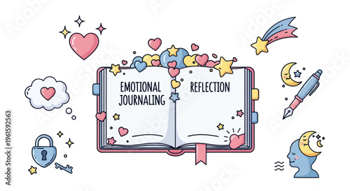 Emotional Journaling Reflection Concept, Open Book with Hearts, Stars, Moon, and Pen