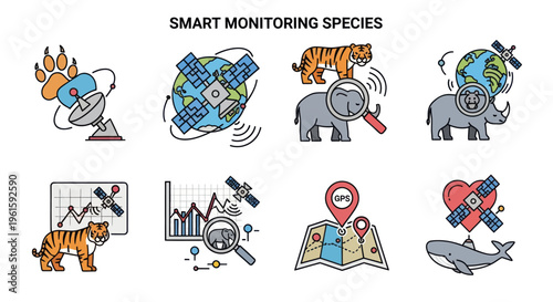 Smart Wildlife Monitoring Icons: Animals, Satellites, Tracking, Conservation