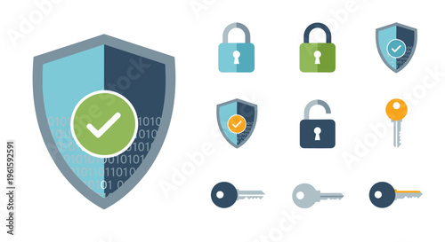 Digital Security and Protection Icons: Shield, Padlocks, Keys, Binary Code
