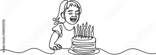 Girls girl enjoying her birthday continuous line art drawing isolated on white background. Birthday cake with candles. One line draw graphic design vector