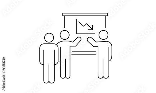 Business failure and crisis management icon showing falling graph and team discussing loss or risks. Editable stroke, Vector illustration, Line art Icon, Symbols.