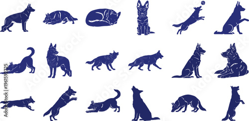 Blue German Shepherd Dog Silhouettes isolated