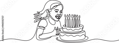 Girls girl enjoying her birthday continuous line art drawing isolated on white background. Birthday cake with candles. One line draw graphic design vector