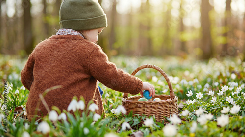 A little child in a green hat and brown sweater collecting colorful Easter eggs in a wicker basket during a sunny.