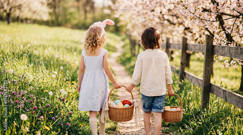 Two children holding hands, walking along a sunny path with baskets full of Easter eggs in a beautiful spring park.