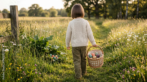 Child exploring a golden sunlit meadow, carrying a basket of vibrant Easter eggs during a peaceful spring afternoon.