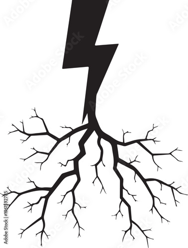 Black lightning bolt with branching veins on white background
