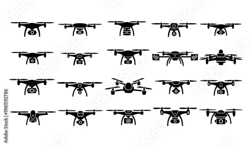 Comprehensive drone silhouette vector set with quadcopter UAV technology icons in horizontal layout